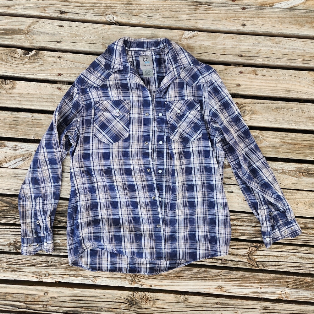 GC Blue Vintage Collection Large Plaid Blue Gray Beige Button Down Pearl Western